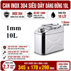 Thùng Xăng Dự Phòng Inox 304 Không Gỉ, Dung Tích 10L ( Dáng Đứng) , Mã BS-LSB-10, Thép Dày 1mm, Phù Hợp Dân Chơi Xe, Đi Phượt, Offroad, Cano, Nhà Xưởng, kích thước 34x16.5x37cm, cân nặng 2.9kg