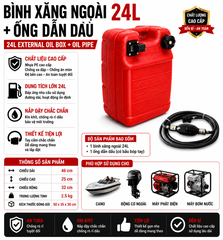 Combo Thùng Xăng Cano Gắn Ngoài 24L kèm theo dây bo, nhựa siêu cứng, Dung Tích 24L , Mã BS-CN-24D, làm bình xăng chính cho tàu cano , máy phát điện, tàu thuyền, kích thước 46x25x32m, cân nặng 2.5kg,  kèm dây bo bóp