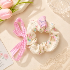 Dây Buộc Tóc Scrunchies Phối Ren Nơ Ruy Băng Phong Cách Tiểu Thư Vintage