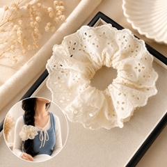 Dây Buộc Tóc Scrunchies Phối Ren Nơ Ruy Băng Phong Cách Tiểu Thư Vintage