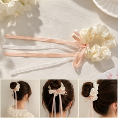 Dây Buộc Tóc Scrunchies Phối Ren Nơ Ruy Băng Phong Cách Tiểu Thư Vintage