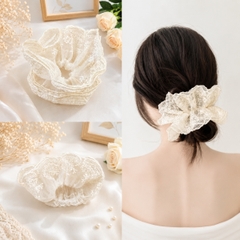 Dây Buộc Tóc Scrunchies Phối Ren Nơ Ruy Băng Phong Cách Tiểu Thư Vintage