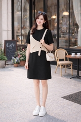Đầm Katosa Ngắn Tay Phối Ghi Lê-KTS221111