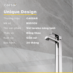 Vòi lavabo chậu rửa mặt Caesar B551CU nóng lạnh cổ cao kèm nút xả nhấn