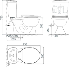 Bàn cầu hai khối Viglacera VI88 nắp thường