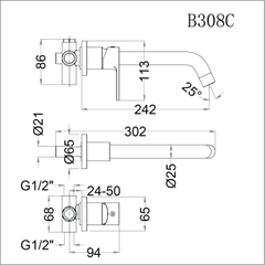 Vòi lavabo chậu rửa mặt Caesar B308C gắn tường nóng lạnh