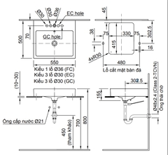 Lavabo chậu rửa mặt INAX AL-536VEC đặt bàn 3 lỗ (AL536V)