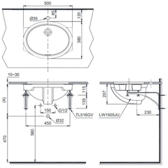 Lavabo chậu rửa mặt TOTO LW1505V#XW âm bàn sứ chống bám bẩn