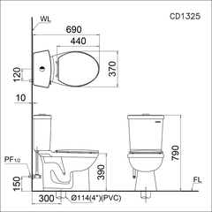Bồn cầu 2 khối Caesar CDS1325 xả 2 nhấn nắp êm