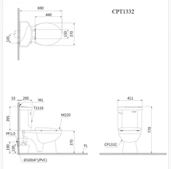 Bồn cầu 2 khối Caesar CPT1332 thoát ngang