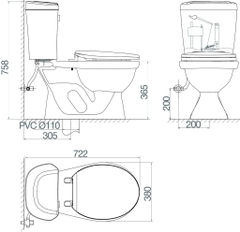 Bàn cầu hai khối Viglacera VI77 nắp thường