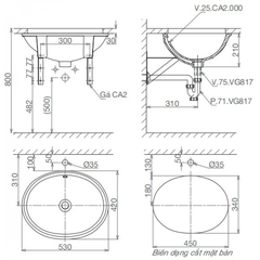Lavabo chậu rửa mặt Viglacera CA2 âm bàn