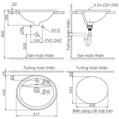Lavabo chậu rửa mặt Viglacera CD1 bán âm dương vành