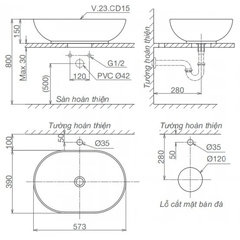Lavabo chậu rửa mặt Viglacera CD15 đặt bàn