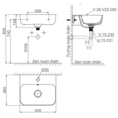 Lavabo chậu rửa mặt Viglacera V23 treo tường + chân