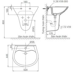 Lavabo chậu rửa mặt Viglacera V39 treo tường + chân