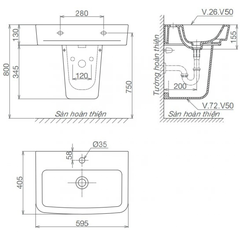 Lavabo chậu rửa mặt Viglacera CD50 (V50) treo tường + chân