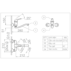 Vòi chậu rửa chén Viglacera VG701 nóng lạnh gắn tường