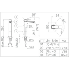 Vòi lavabo chậu rửa mặt Viglacera VG143.1 nóng lạnh cổ cao