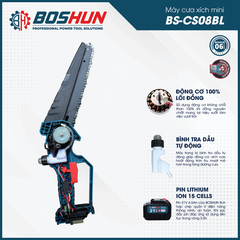 Máy Cưa Xích Pin Boshun BS-CS08BL Lam Xích 8 INCH, Không Chổi Than, 100% Lõi Đồng