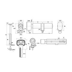 [Hafele] Ruột khóa đầu vặn đầu chìa 65mm, màu PB 489.56.005