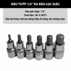 Đầu tuýp 1/2'' ra đầu lục giác 5-12mm Licota