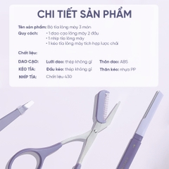 Bộ 3 dụng cụ dao kéo cắt tỉa lông mày Amortals (gồm Kéo cắt lông mày 1 cây + dao tỉa lông mày 2 đầu 1 cây + nhíp lông mày 1 cây)