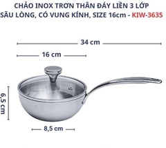 CHẢO ĐÚC INOX SÂU LÒNG 3 LỚP KAIYO VUNG KÍNH 16CM