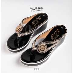 Dép nữ trung niên đế xuồng quai kẹp vế dài đính đá lấp lánh, đế xuồng đúc cao 6cm êm chân-T22