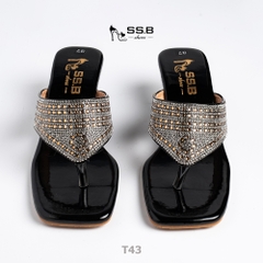 Dép nữ trung niên quai kẹp xoàn mũi vuông gót xuồng sơn 5cm sang trọng - mã T43