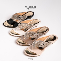 Dép nữ trung niên, quai kẹp 2 chiếc lá xoàn ,gót xuồng bọc cao 3cm êm ái-T35
