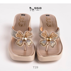 Dép nữ trung niên đế xuồng quai kẹp, bông xoàn đá,đế êm chống trượt, cao 7cm tôn dáng-T29