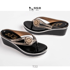 Dép nữ trung niên đế xuồng quai kẹp vế dài đính đá lấp lánh, đế xuồng đúc cao 6cm êm chân-T22