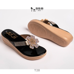 Dép nữ trung niên đế xuồng quai kẹp đính bông xinh, đế xuồng bánh mì cao 5cm, nhẹ êm-T28