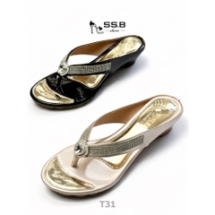 Dép nữ trung niên quai kẹp vế dài chùm gót khóa táo trắng xinh, gót cao 3cm-T31