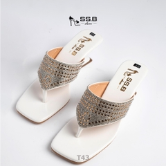 Dép nữ trung niên quai kẹp xoàn mũi vuông gót xuồng sơn 5cm sang trọng - mã T43