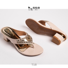 Dép nữ trung niên cao gót,quai kẹp đính xoàn đá hình tam giác, gót cuộn viền đồng cao 4 cm-T18