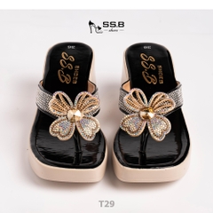 Dép nữ trung niên đế xuồng quai kẹp, bông xoàn đá,đế êm chống trượt, cao 7cm tôn dáng-T29