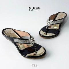 Dép nữ trung niên quai kẹp vế dài chùm gót khóa táo trắng xinh, gót cao 3cm-T31