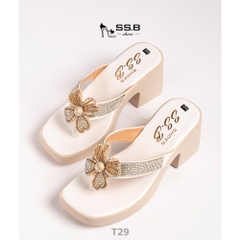 Dép nữ trung niên đế xuồng quai kẹp, bông xoàn đá,đế êm chống trượt, cao 7cm tôn dáng-T29