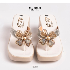 Dép nữ trung niên đế xuồng quai kẹp, bông xoàn đá,đế êm chống trượt, cao 7cm tôn dáng-T29
