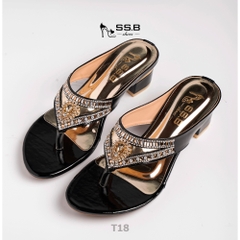 Dép nữ trung niên cao gót,quai kẹp đính xoàn đá hình tam giác, gót cuộn viền đồng cao 4 cm-T18