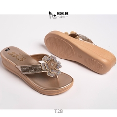Dép nữ trung niên đế xuồng quai kẹp đính bông xinh, đế xuồng bánh mì cao 5cm, nhẹ êm-T28