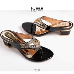 Dép nữ trung niên cao gót,quai kẹp đính xoàn đá hình tam giác, gót cuộn viền đồng cao 4 cm-T18