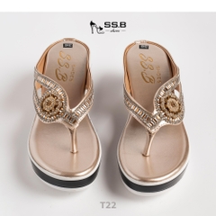 Dép nữ trung niên đế xuồng quai kẹp vế dài đính đá lấp lánh, đế xuồng đúc cao 6cm êm chân-T22