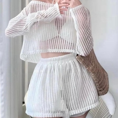 Bộ đồ nữ 3 món áo croptop tay dài quần short 2 lớp kèm áo bra
