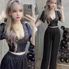 Sét bộ nữ quần dài satin áo phối ren Nhung Women Top Ong