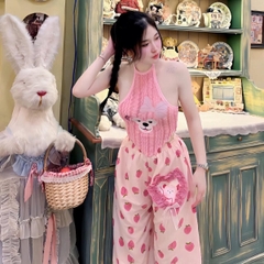 Sét áo lông cổ yếm in gấu quần ống rộng họa tiết dâu cho nữ - Women Top set botieuthu Nhung Ong đồ Kem