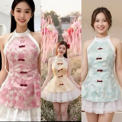 Sét đồ nữ mặc tết 2026_ áo dài cách tân cổ yếm chất gấm hoa mai mix chân váy bèo tầng có lót mút và khoá kéo trang trí nút tàu