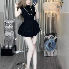 Sét quần đùi bí áo bèo đính dây đá thân sau áo có chun co giản cho nữ - Women Top Thun Nhung Voi set đồ